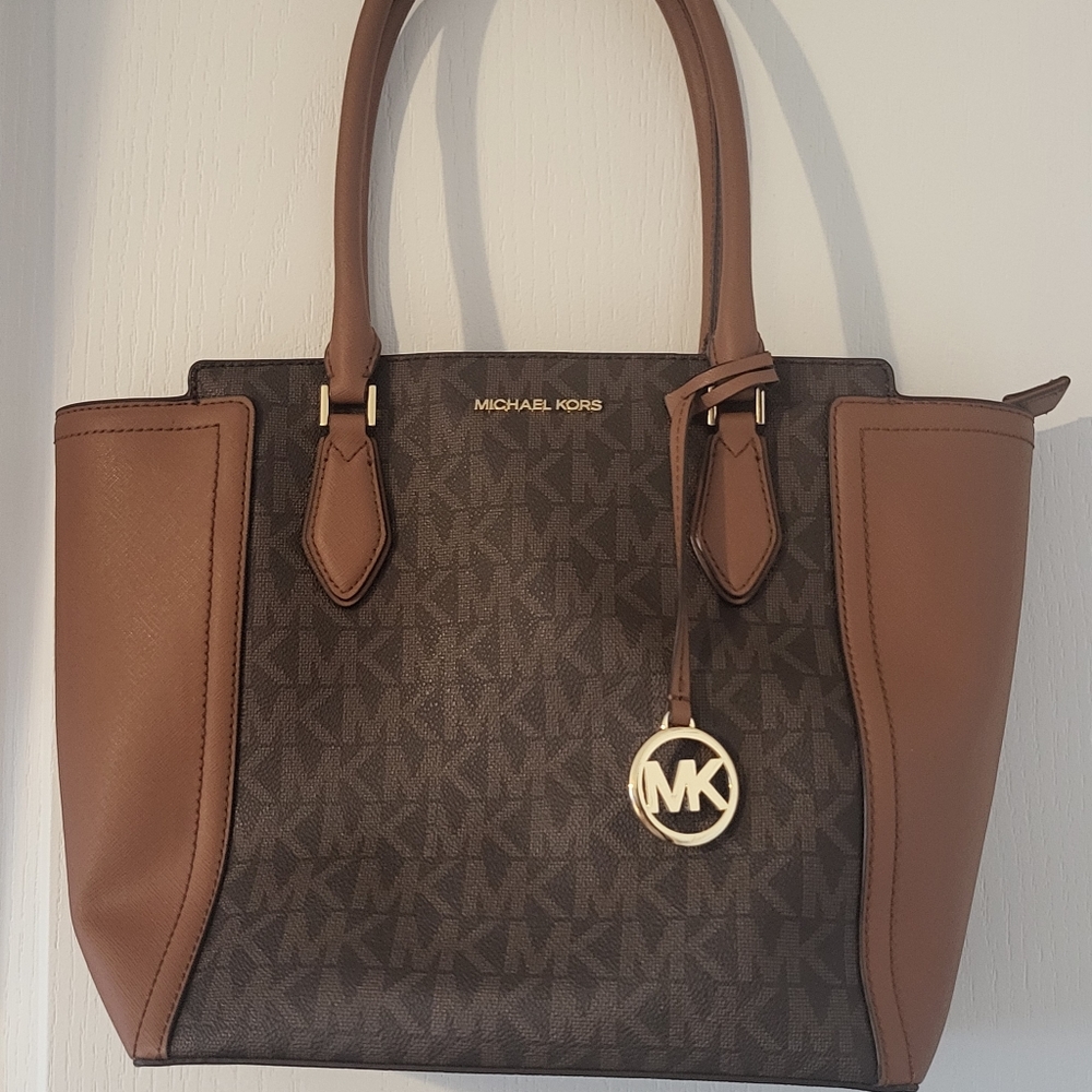 Michael Kors Ayden Large Brown Monogram Saffiano Leather  Handbag